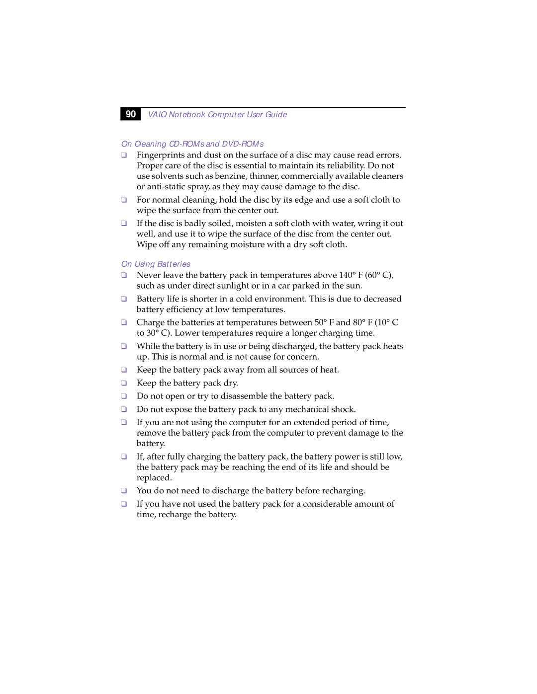 Sony PCG-F150, PCG-F160, PCG-F190, PCG-F180 manual On Using Batteries 