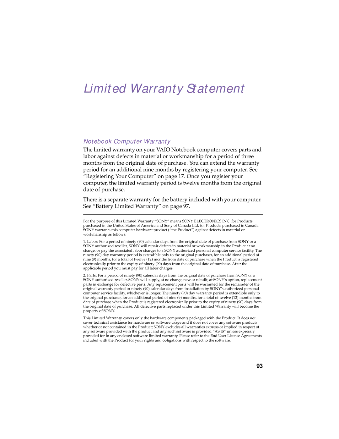 Sony PCG-F180, PCG-F150, PCG-F160, PCG-F190 manual Limited Warranty Statement 