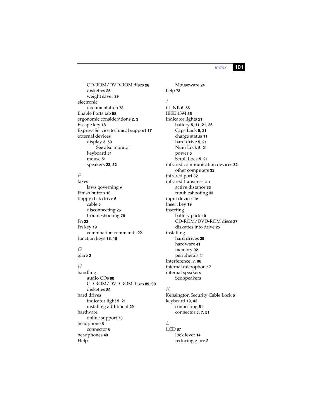 Sony PCG-F180, PCG-F150, PCG-F160, PCG-F190 manual Index 