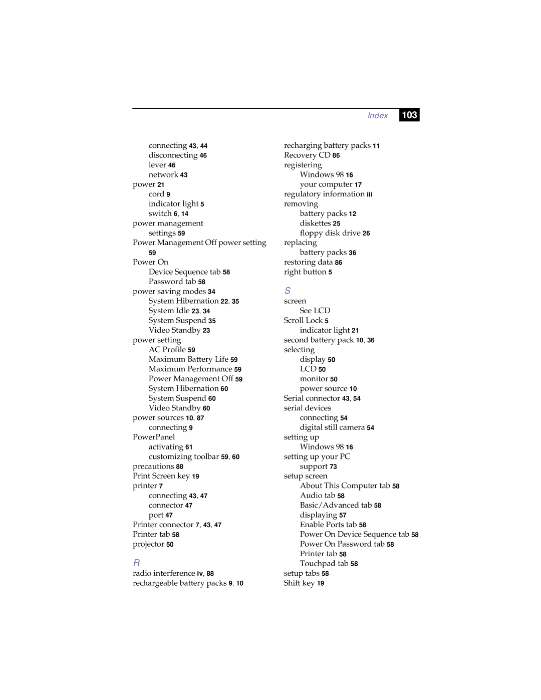 Sony PCG-F160, PCG-F150, PCG-F190, PCG-F180 manual Connecting 43, 44 disconnecting 46 lever 46 network 