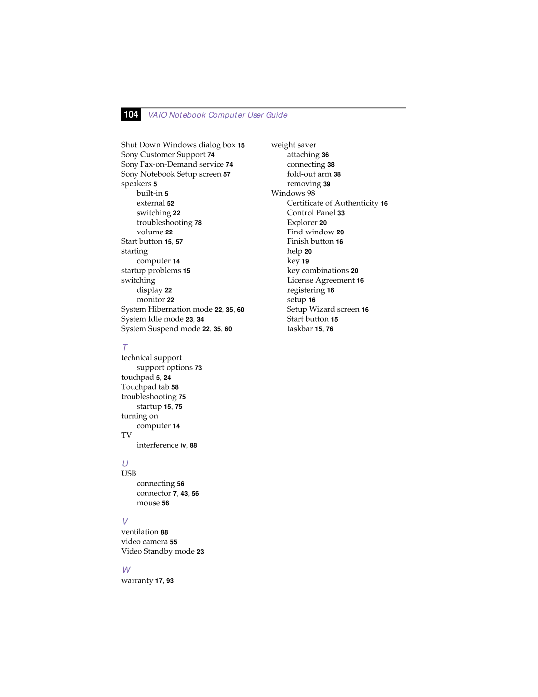 Sony PCG-F190, PCG-F150, PCG-F160, PCG-F180 manual 104 