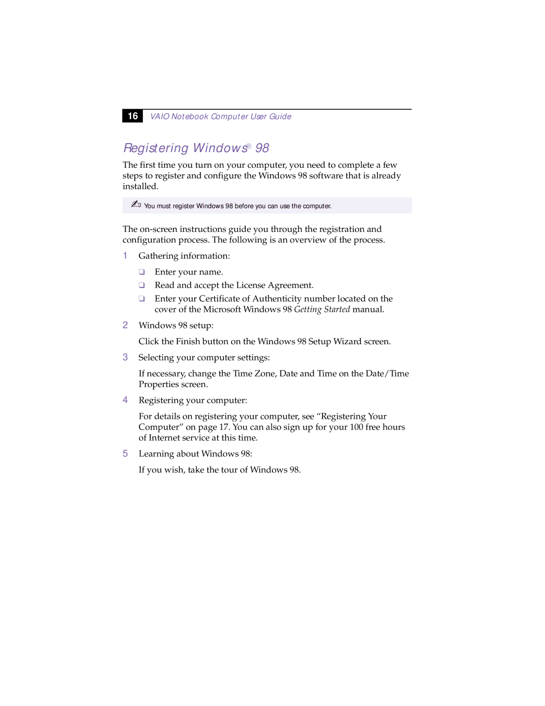 Sony PCG-F190, PCG-F150, PCG-F160, PCG-F180 manual Registering Windows 