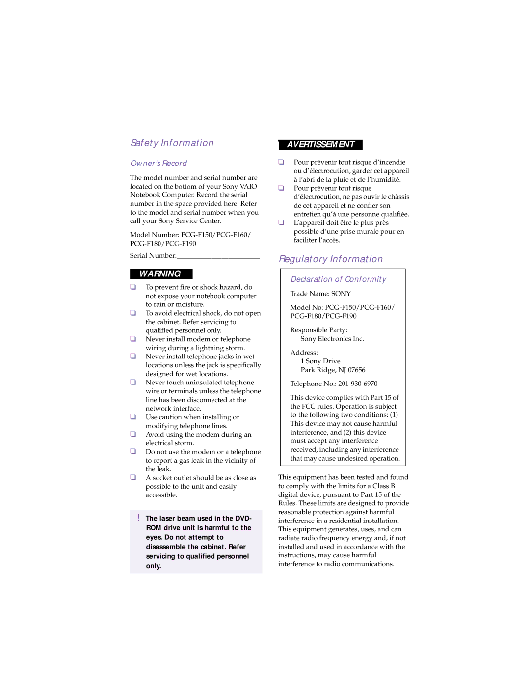 Sony PCG-F180, PCG-F150, PCG-F160 Safety Information, Regulatory Information, Owner’s Record, Declaration of Conformity 