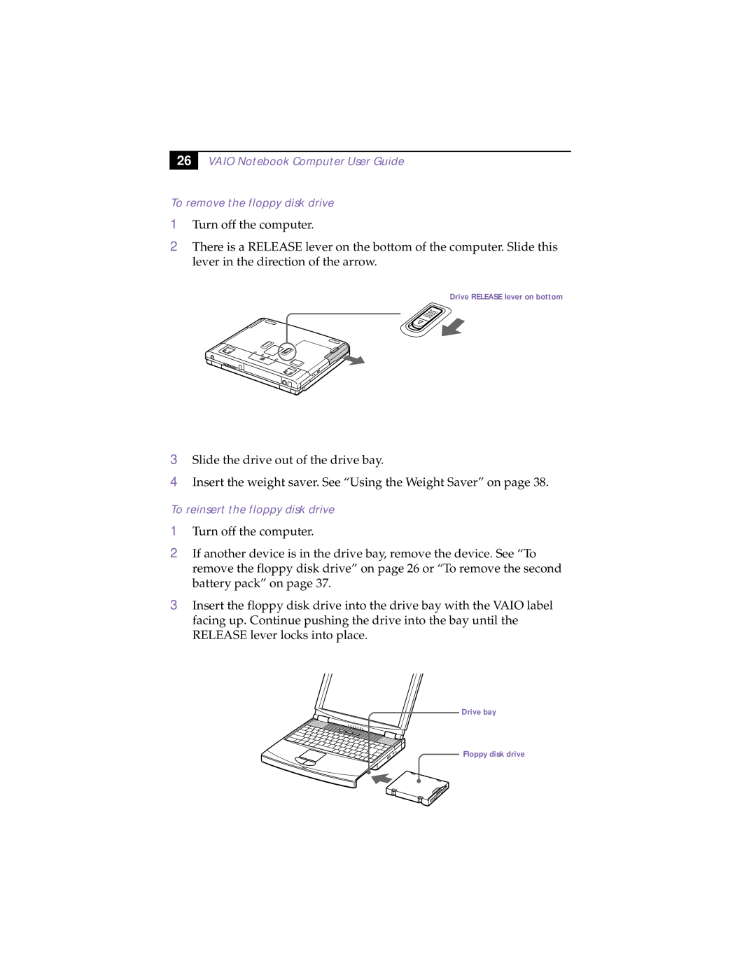 Sony PCG-F150, PCG-F160, PCG-F190, PCG-F180 manual To reinsert the floppy disk drive 