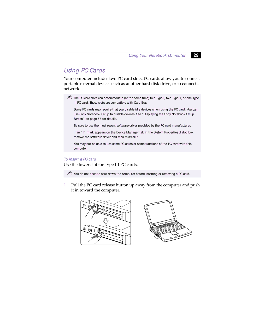 Sony PCG-F180, PCG-F150, PCG-F160, PCG-F190 manual Using PC Cards, To insert a PC card 