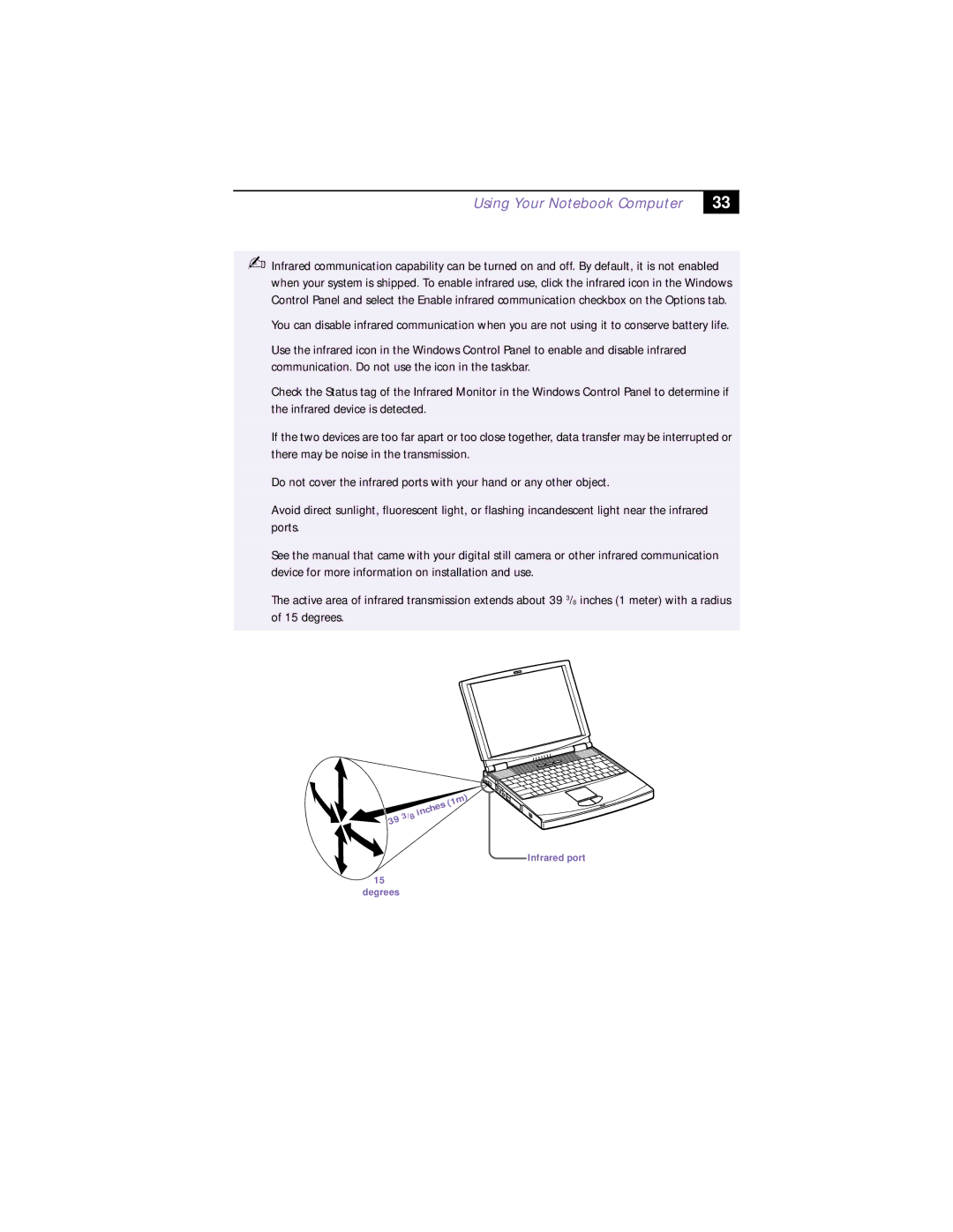 Sony PCG-F180, PCG-F150, PCG-F160, PCG-F190 manual Infrared port Degrees 