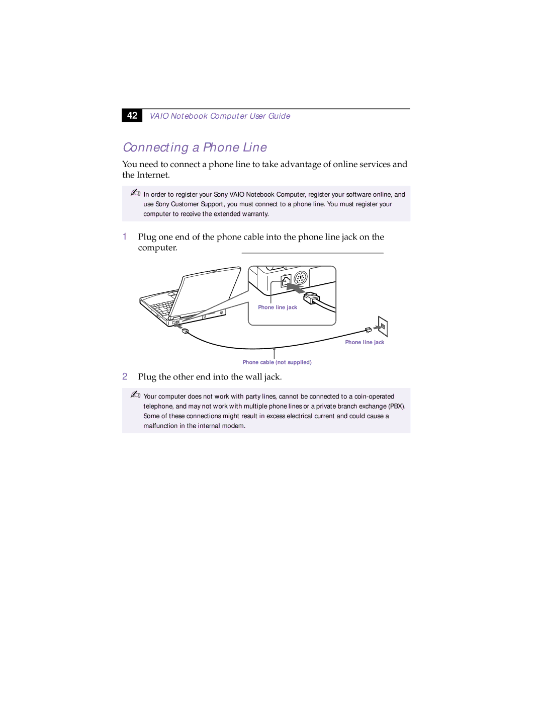 Sony PCG-F150, PCG-F160, PCG-F190, PCG-F180 manual Connecting a Phone Line, Plug the other end into the wall jack 