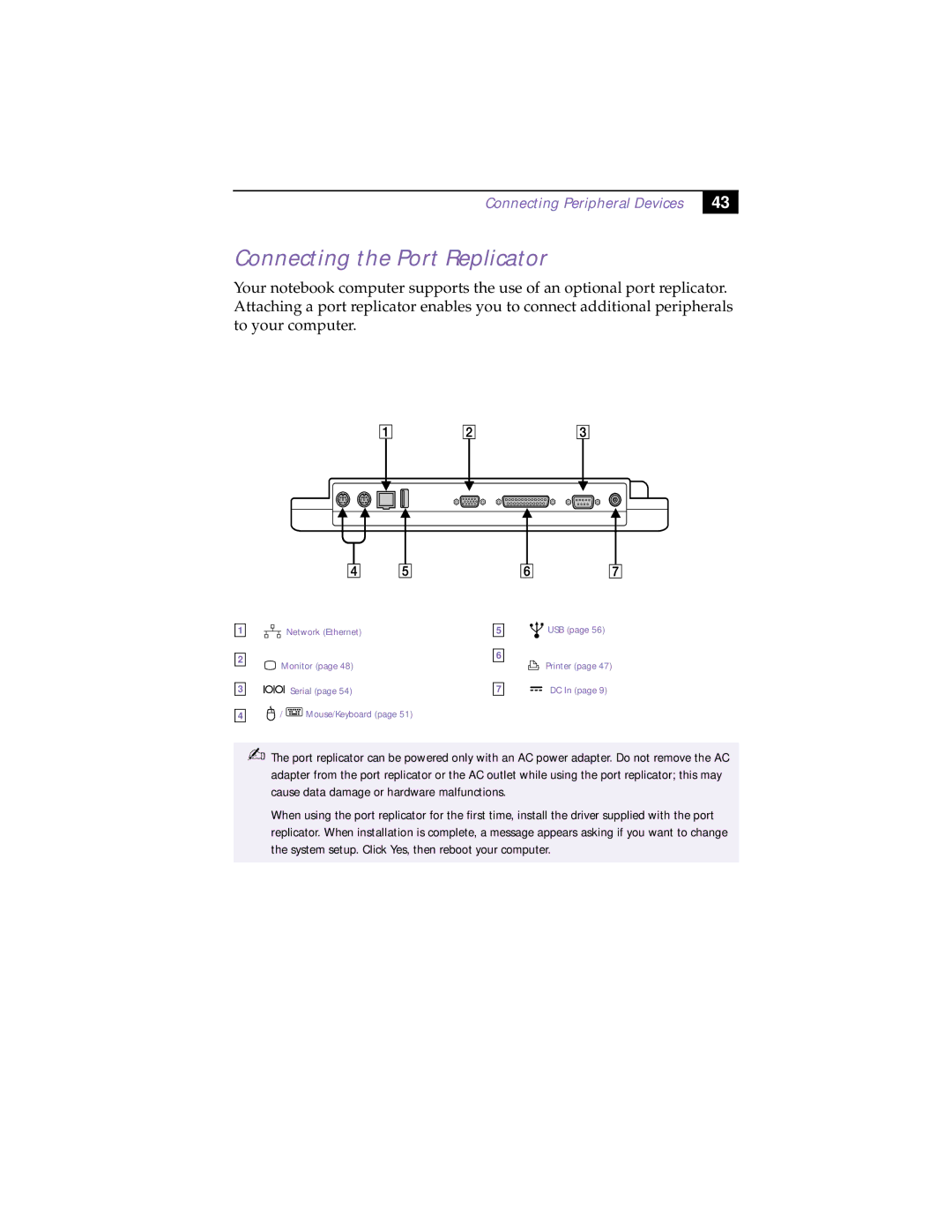 Sony PCG-F160, PCG-F150, PCG-F190, PCG-F180 manual Connecting the Port Replicator, Connecting Peripheral Devices 