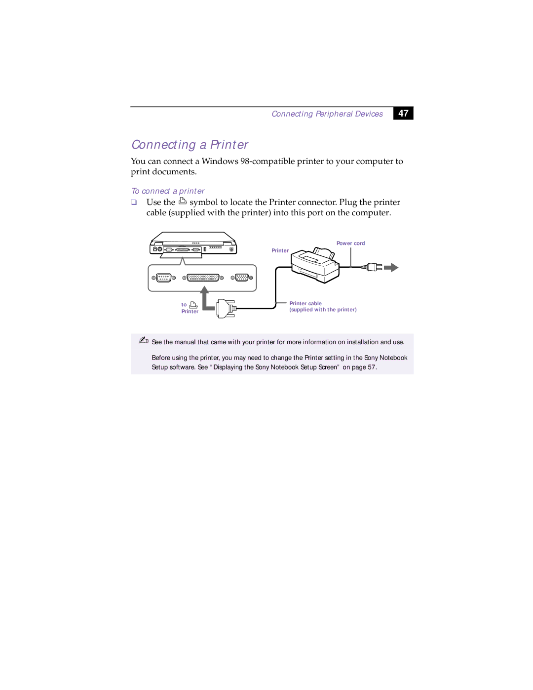 Sony PCG-F160, PCG-F150, PCG-F190, PCG-F180 manual Connecting a Printer, To connect a printer 