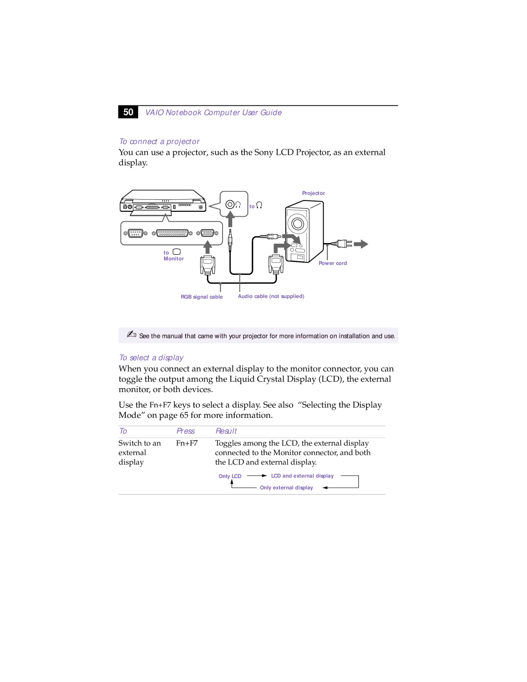 Sony PCG-F150, PCG-F160 manual Vaio Notebook Computer User Guide To connect a projector, To select a display, Press Result 