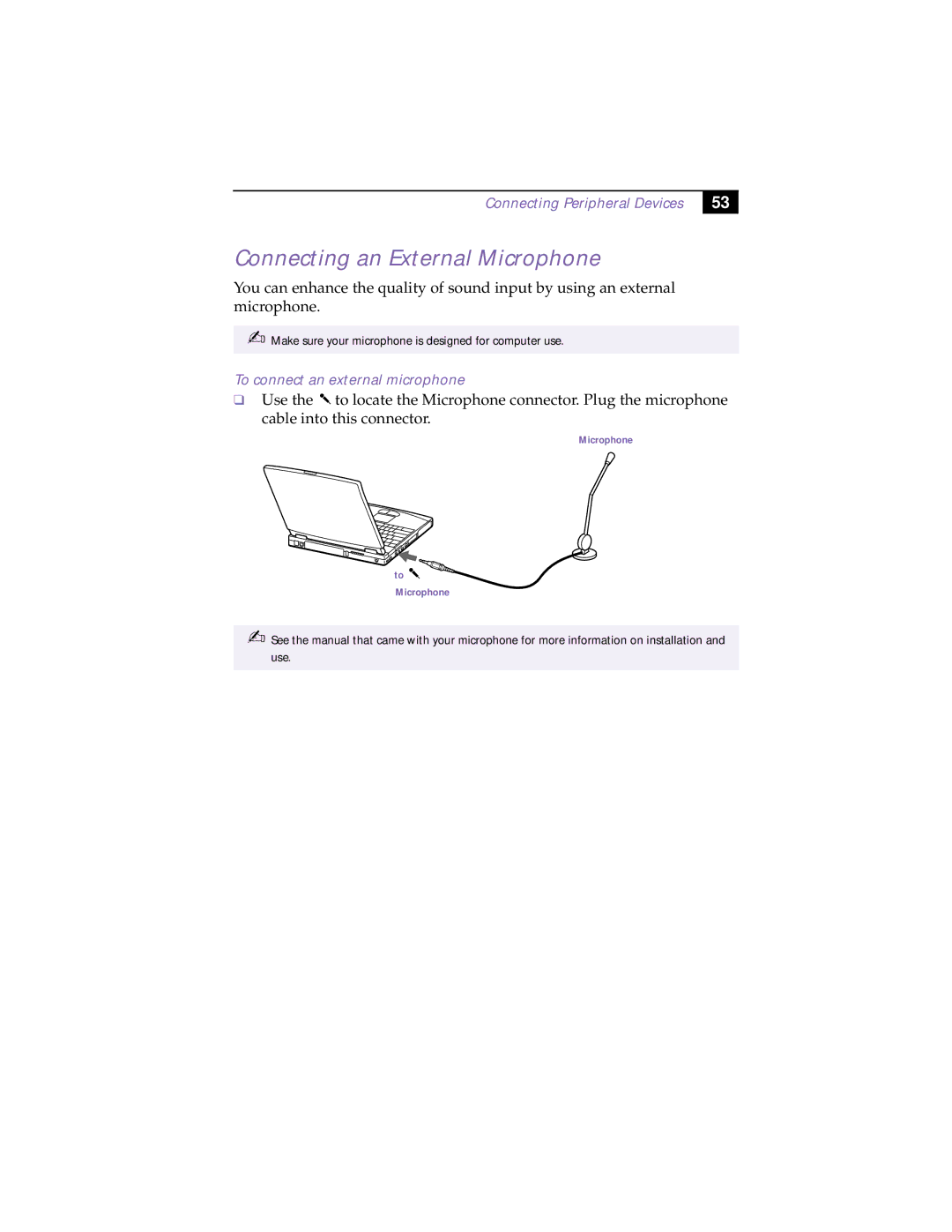 Sony PCG-F180, PCG-F150, PCG-F160, PCG-F190 manual Connecting an External Microphone, To connect an external microphone 