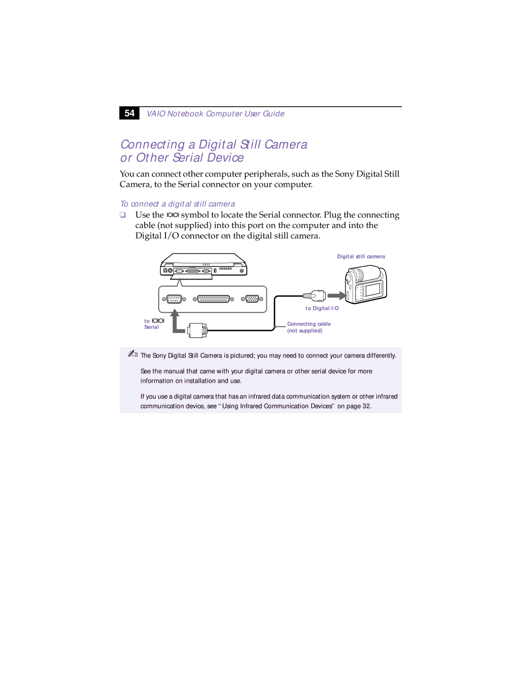 Sony PCG-F150, PCG-F160 manual Connecting a Digital Still Camera or Other Serial Device, To connect a digital still camera 