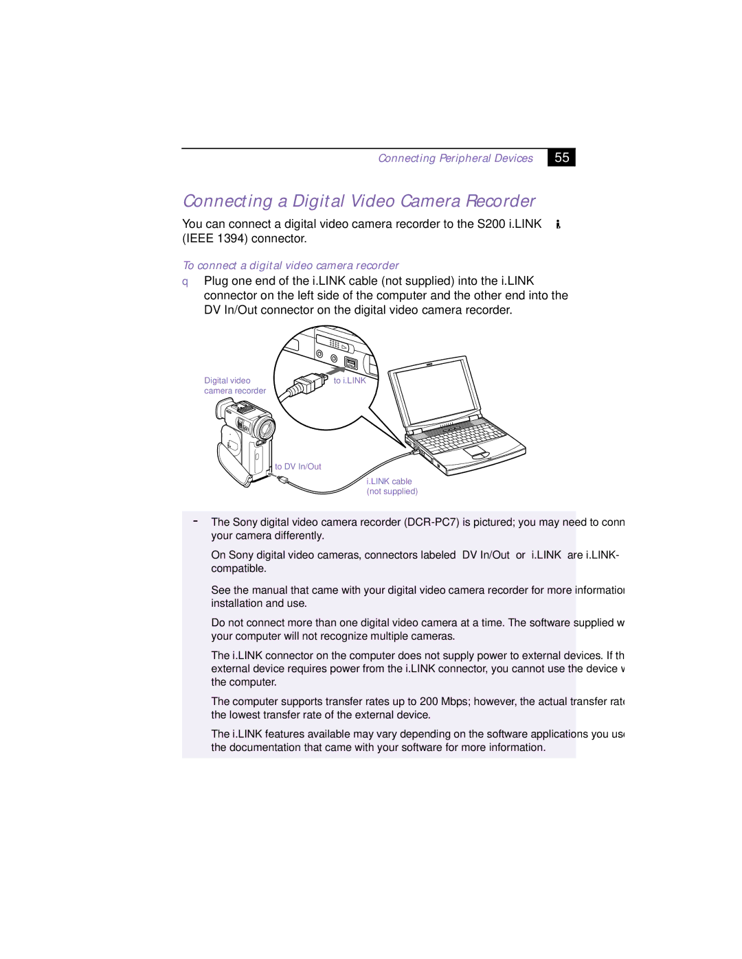 Sony PCG-F160, PCG-F150, PCG-F190 Connecting a Digital Video Camera Recorder, To connect a digital video camera recorder 