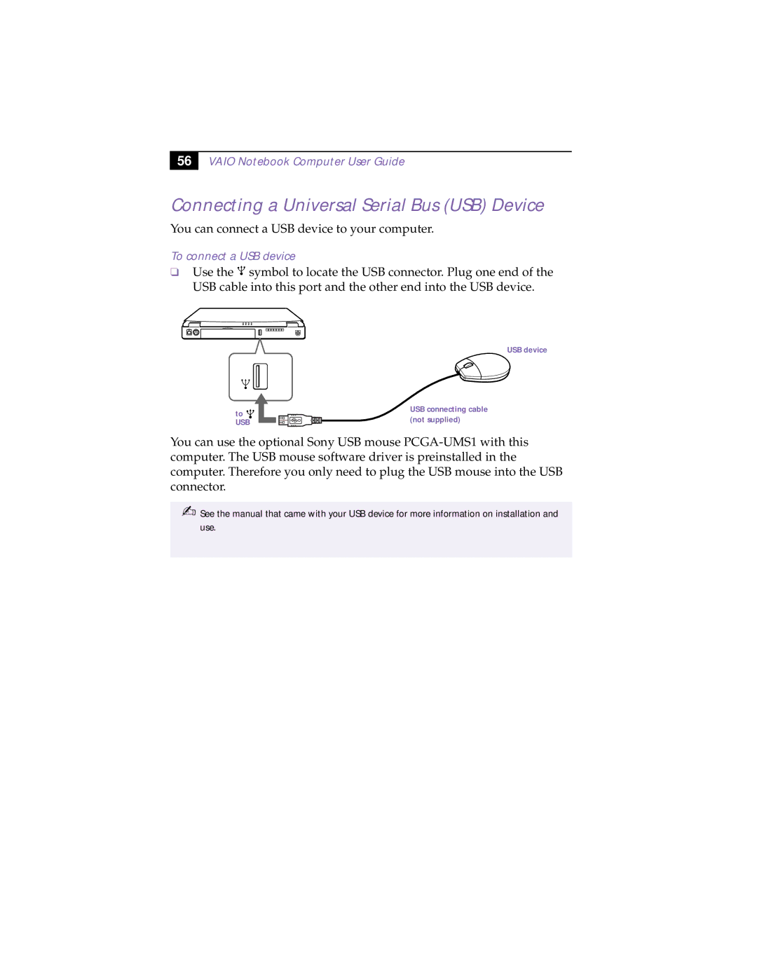 Sony PCG-F190, PCG-F150, PCG-F160, PCG-F180 manual Connecting a Universal Serial Bus USB Device, To connect a USB device 