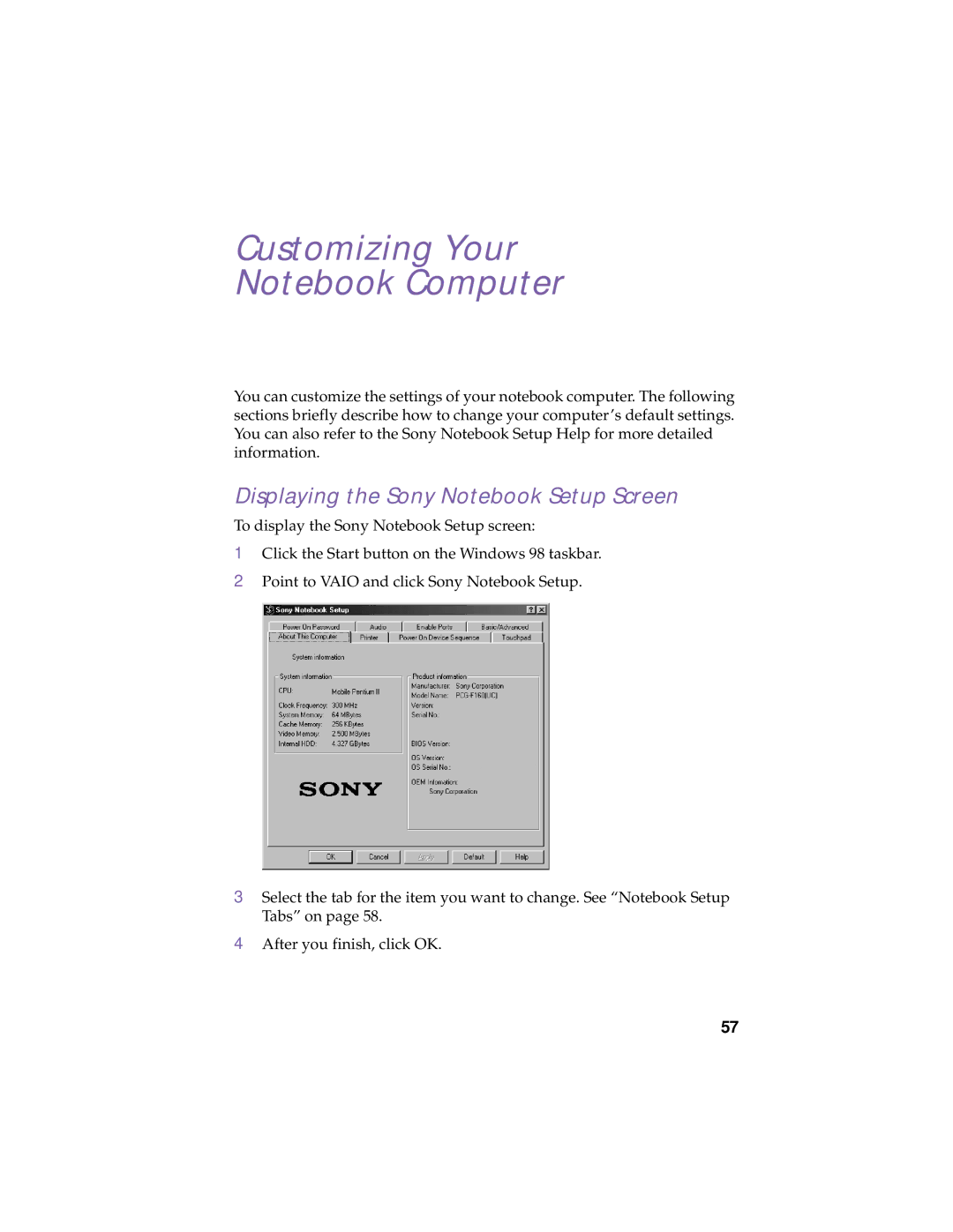 Sony PCG-F180, PCG-F150, PCG-F160, PCG-F190 manual Customizing Your, Displaying the Sony Notebook Setup Screen 