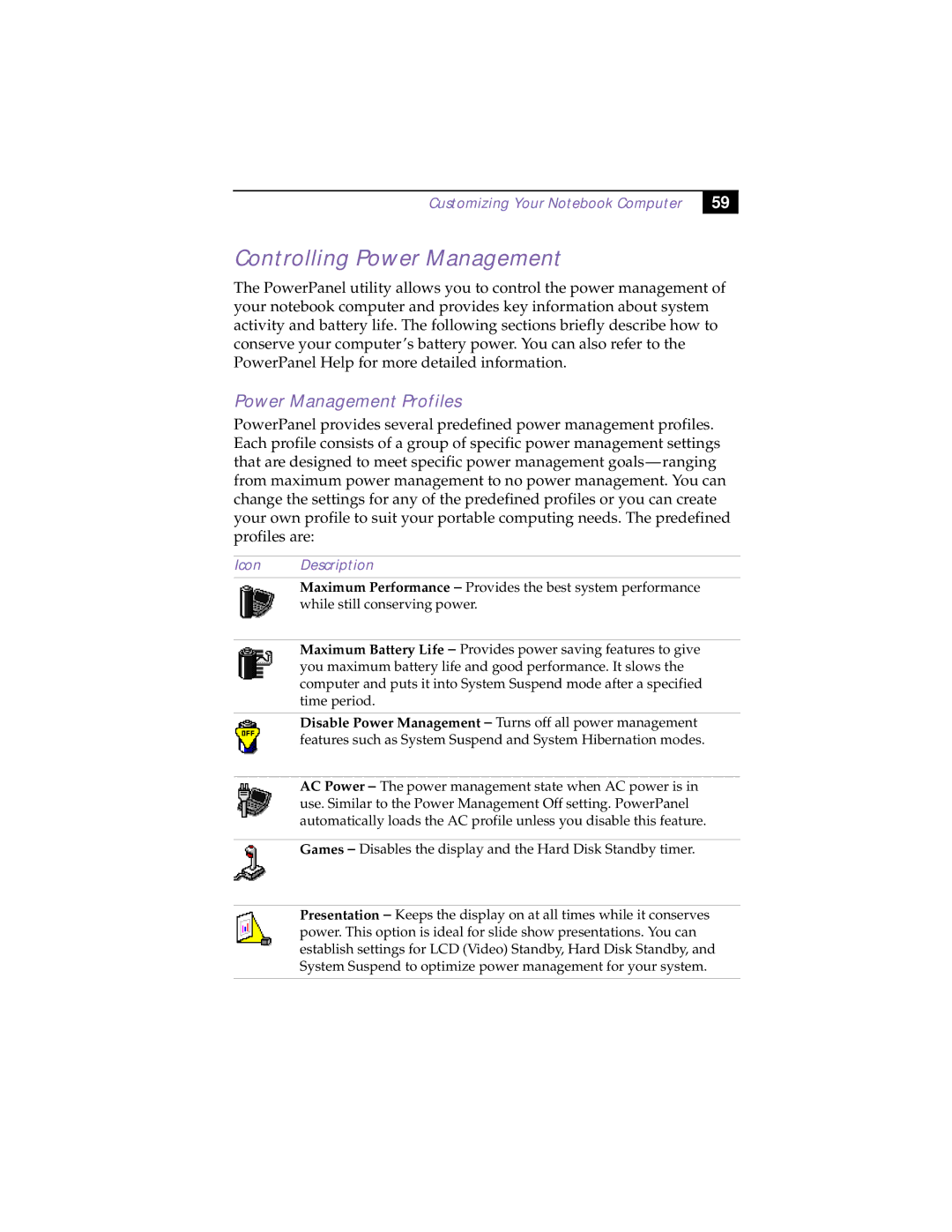 Sony PCG-F160, PCG-F150 manual Controlling Power Management, Power Management Profiles, Customizing Your Notebook Computer 