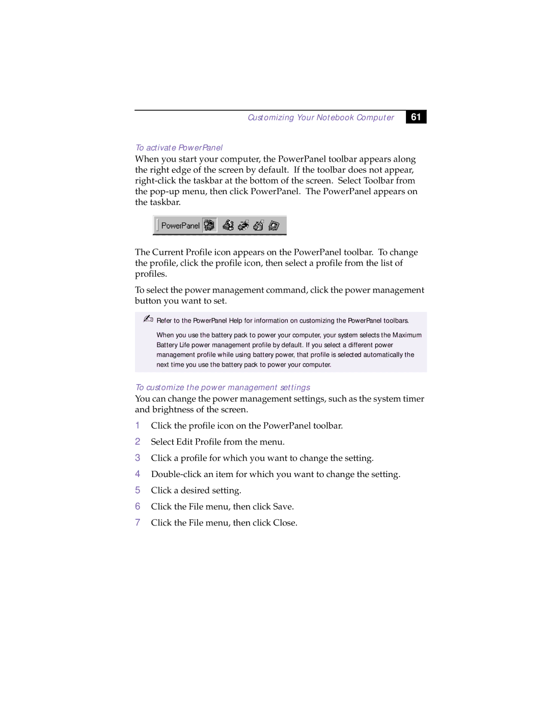 Sony PCG-F180 manual Customizing Your Notebook Computer To activate PowerPanel, To customize the power management settings 
