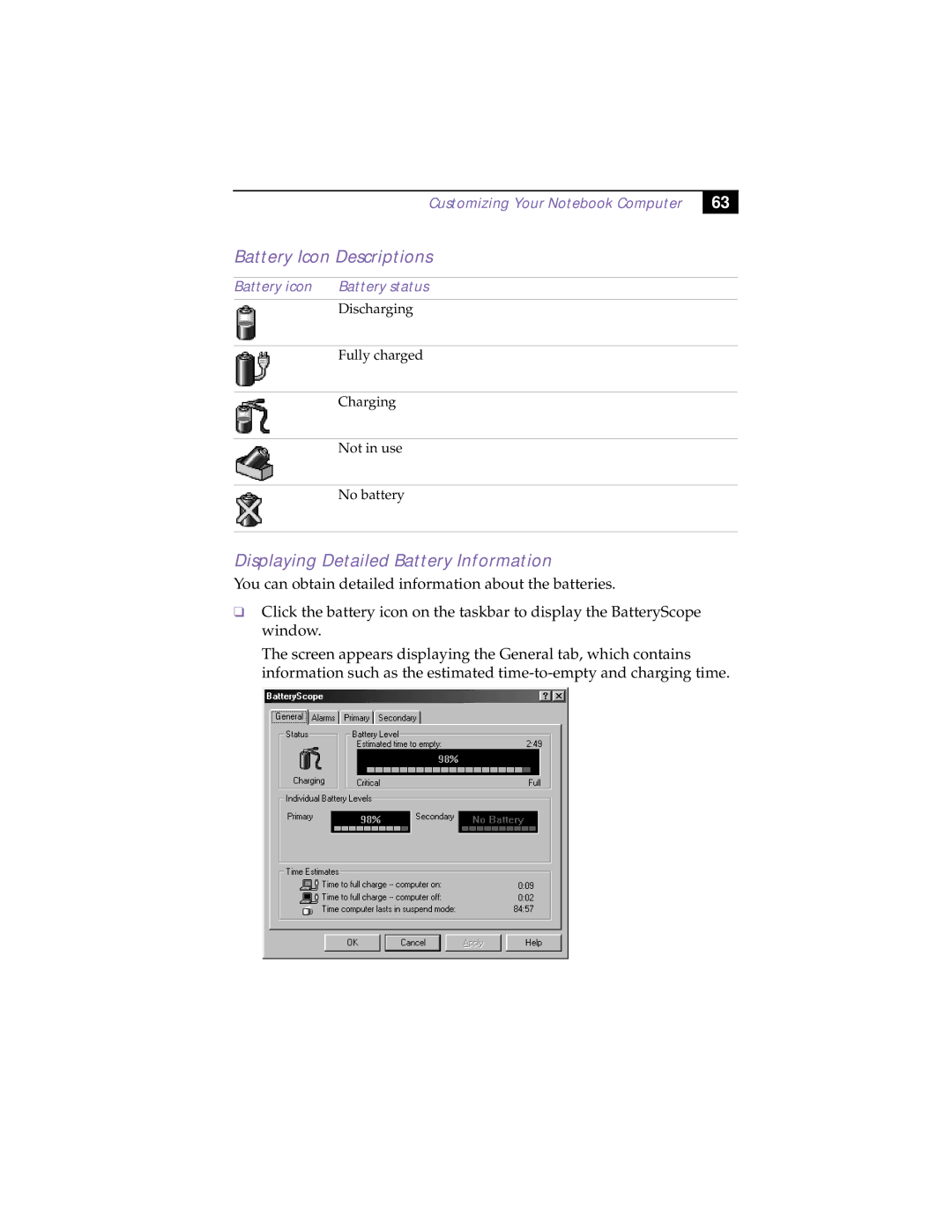 Sony PCG-F160, PCG-F150 Battery Icon Descriptions, Displaying Detailed Battery Information, Battery icon Battery status 