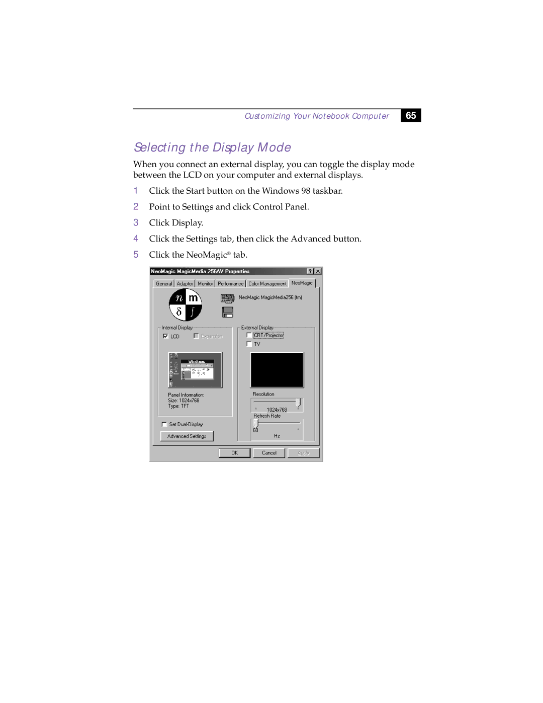 Sony PCG-F180, PCG-F150, PCG-F160, PCG-F190 manual Selecting the Display Mode 