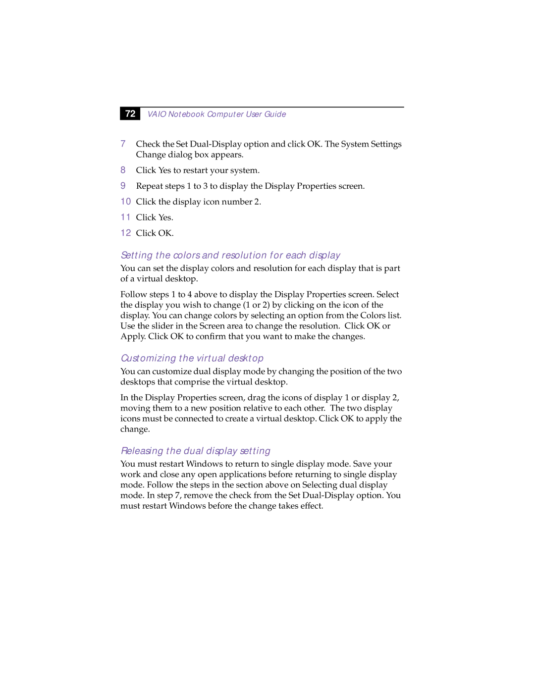 Sony PCG-F190, PCG-F150, PCG-F160 manual Setting the colors and resolution for each display, Customizing the virtual desktop 