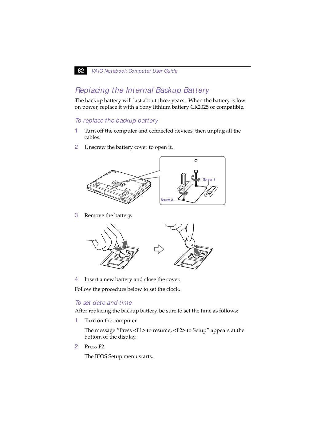 Sony PCG-F150, PCG-F160 manual Replacing the Internal Backup Battery, To replace the backup battery, To set date and time 