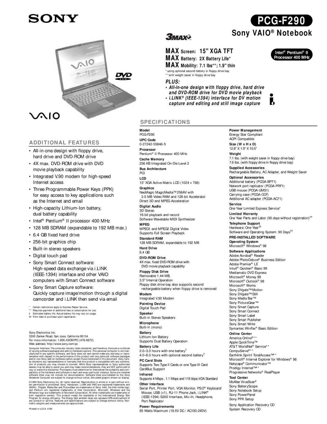 Sony PCG-F290 specifications Lcd, Mpeg, PRE-INSTALLED Software 