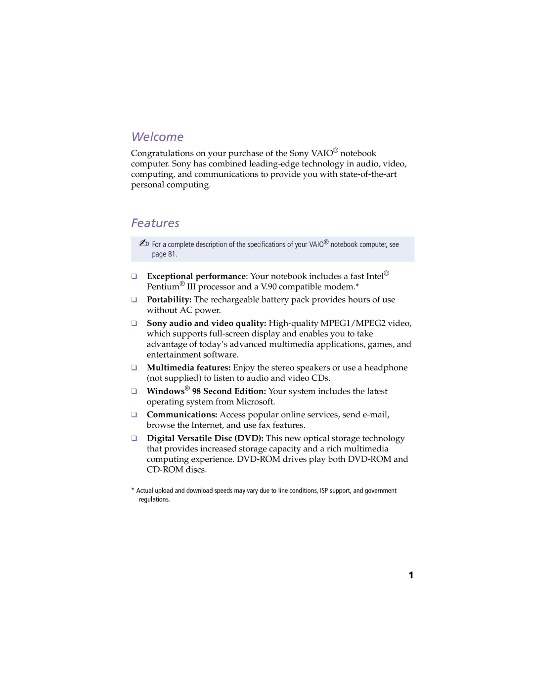 Sony PCG-F390, PCG-F370 manual Welcome, Features 