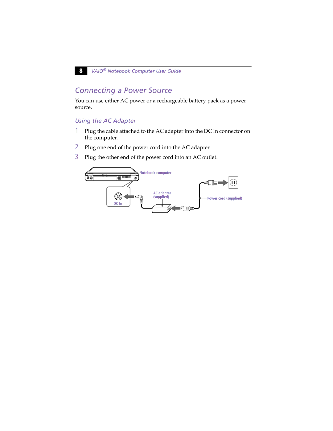 Sony PCG-F370, PCG-F390 manual Connecting a Power Source, Using the AC Adapter 