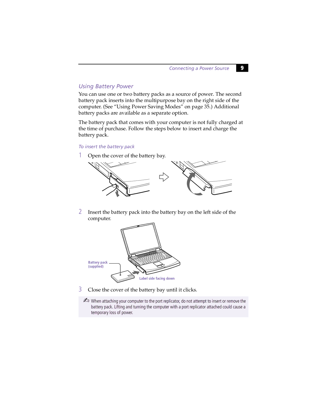 Sony PCG-F390, PCG-F370 manual Using Battery Power, Connecting a Power Source, To insert the battery pack 