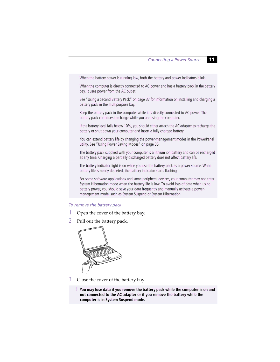 Sony PCG-F390, PCG-F370 manual To remove the battery pack 