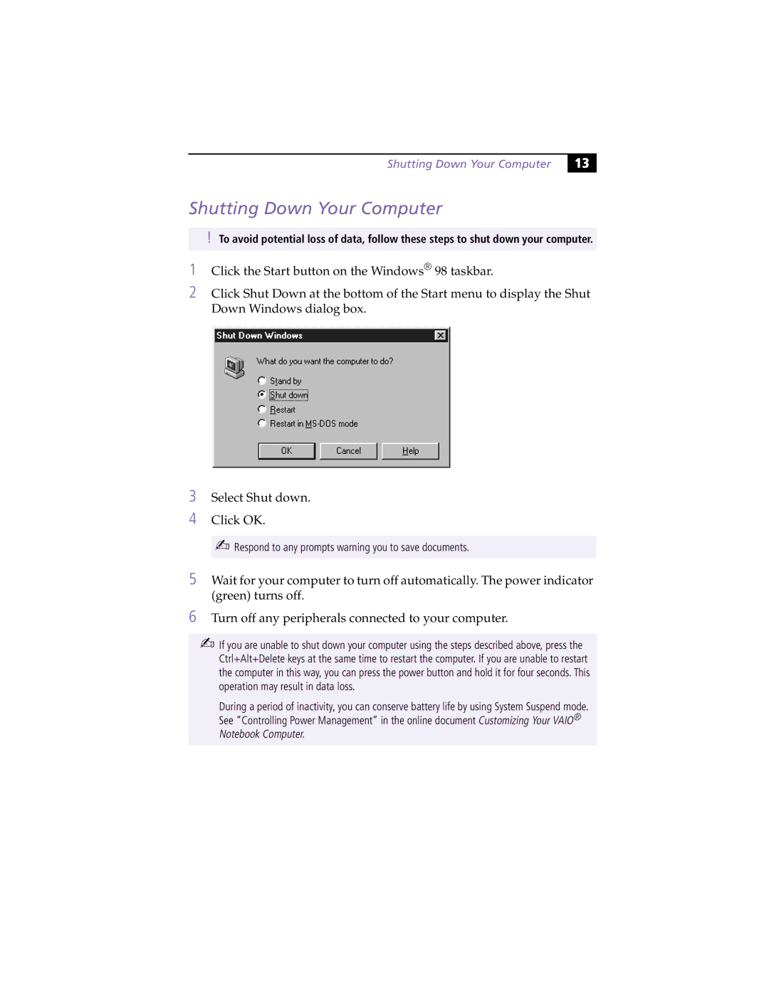 Sony PCG-F390, PCG-F370 manual Shutting Down Your Computer 