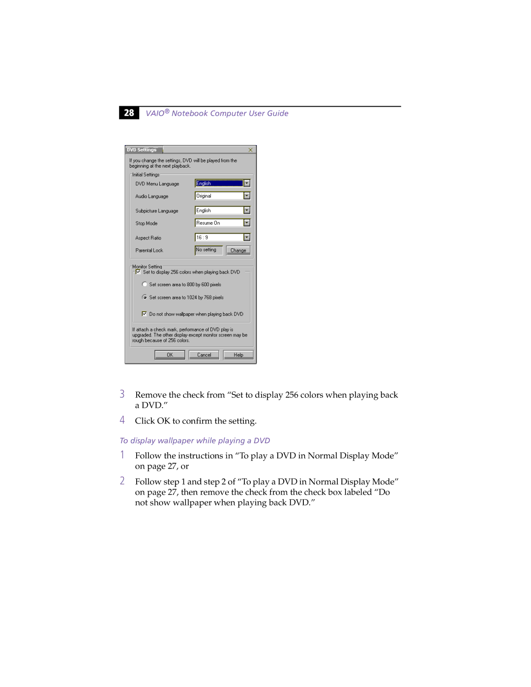 Sony PCG-F370, PCG-F390 manual To display wallpaper while playing a DVD 