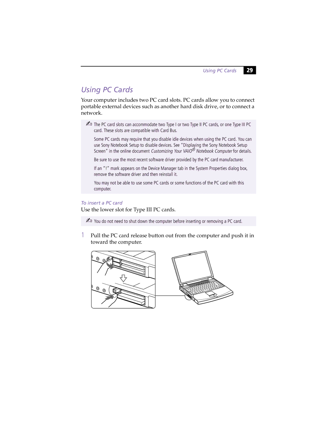 Sony PCG-F390, PCG-F370 manual Using PC Cards, To insert a PC card 