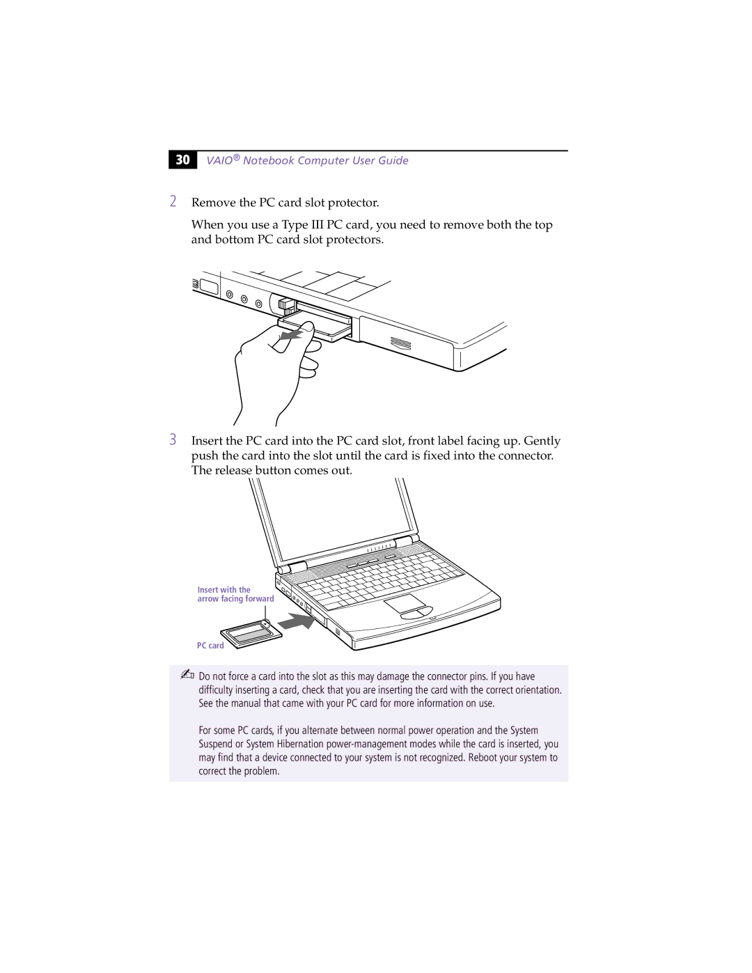 Sony PCG-F370, PCG-F390 manual Insert with the arrow facing forward PC card 