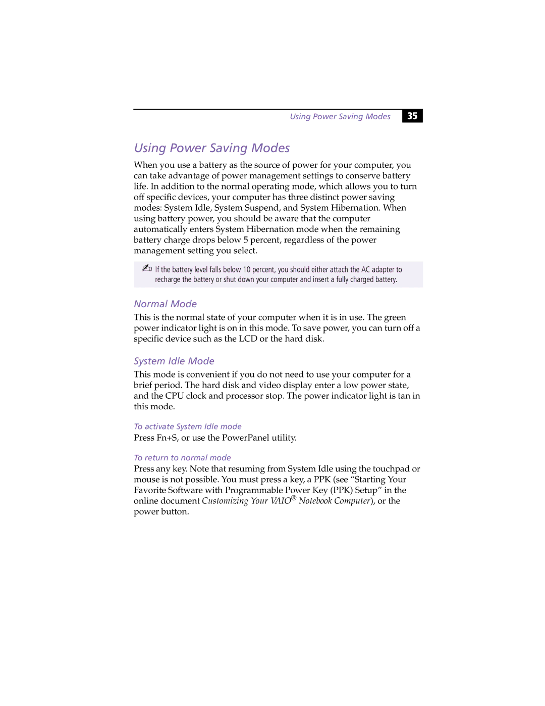 Sony PCG-F390, PCG-F370 manual Using Power Saving Modes, Normal Mode, System Idle Mode 