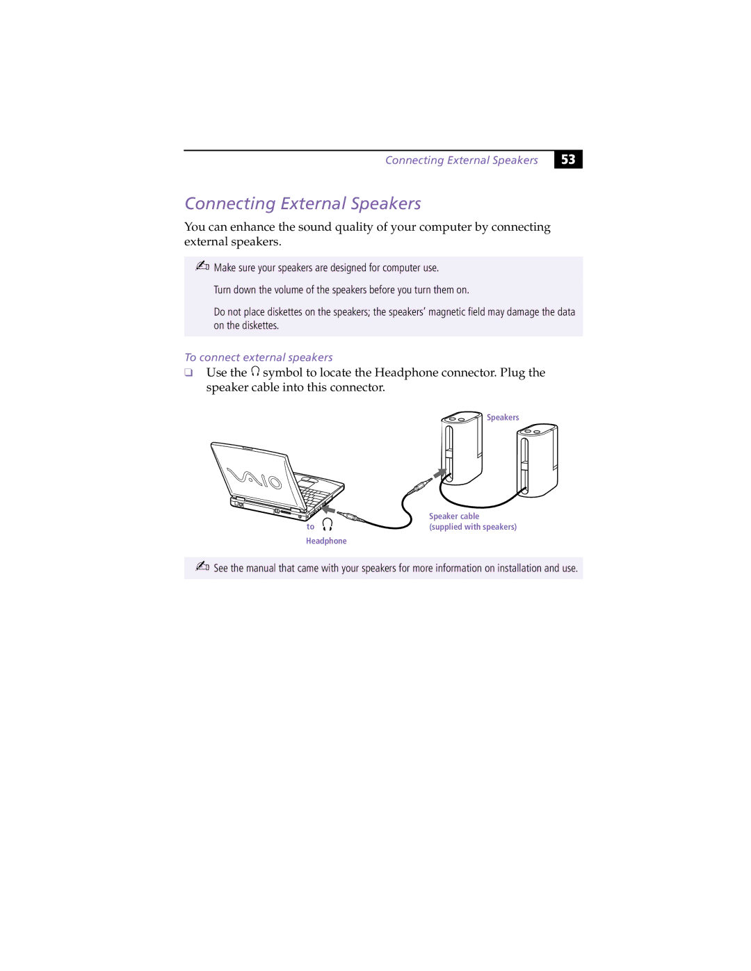 Sony PCG-F390, PCG-F370 manual Connecting External Speakers, To connect external speakers 