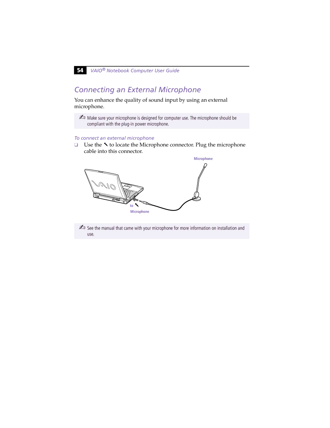 Sony PCG-F370, PCG-F390 manual Connecting an External Microphone, To connect an external microphone 