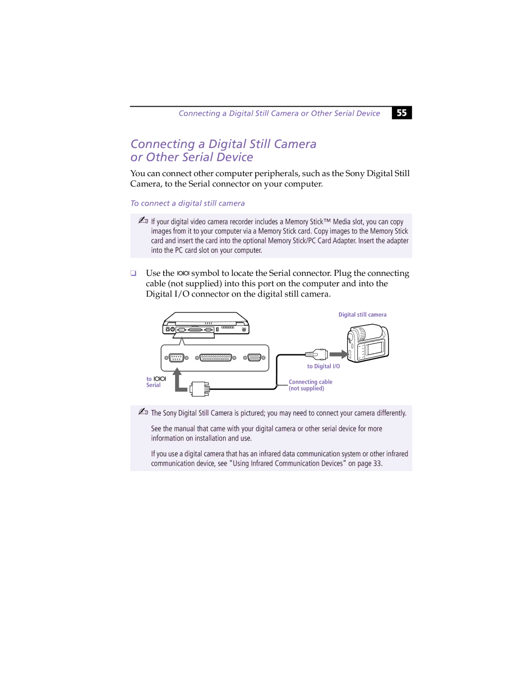 Sony PCG-F390, PCG-F370 manual Connecting a Digital Still Camera or Other Serial Device, To connect a digital still camera 