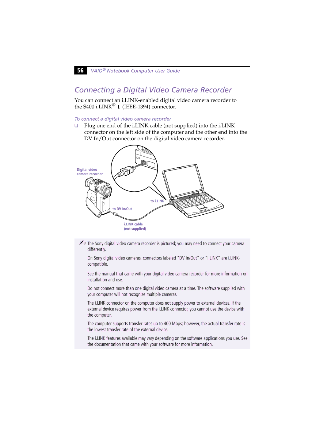 Sony PCG-F370, PCG-F390 manual Connecting a Digital Video Camera Recorder, To connect a digital video camera recorder 