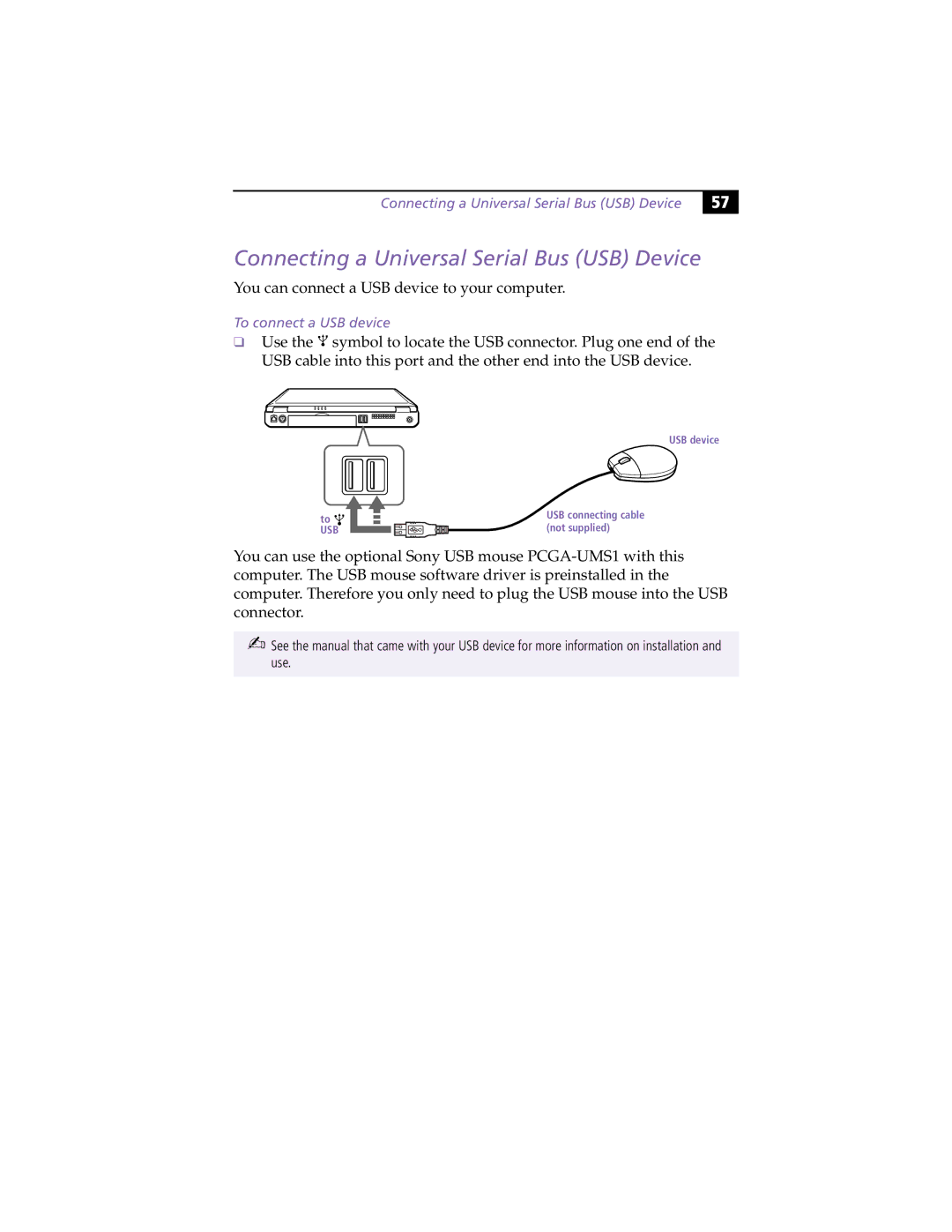 Sony PCG-F390, PCG-F370 manual Connecting a Universal Serial Bus USB Device, To connect a USB device 