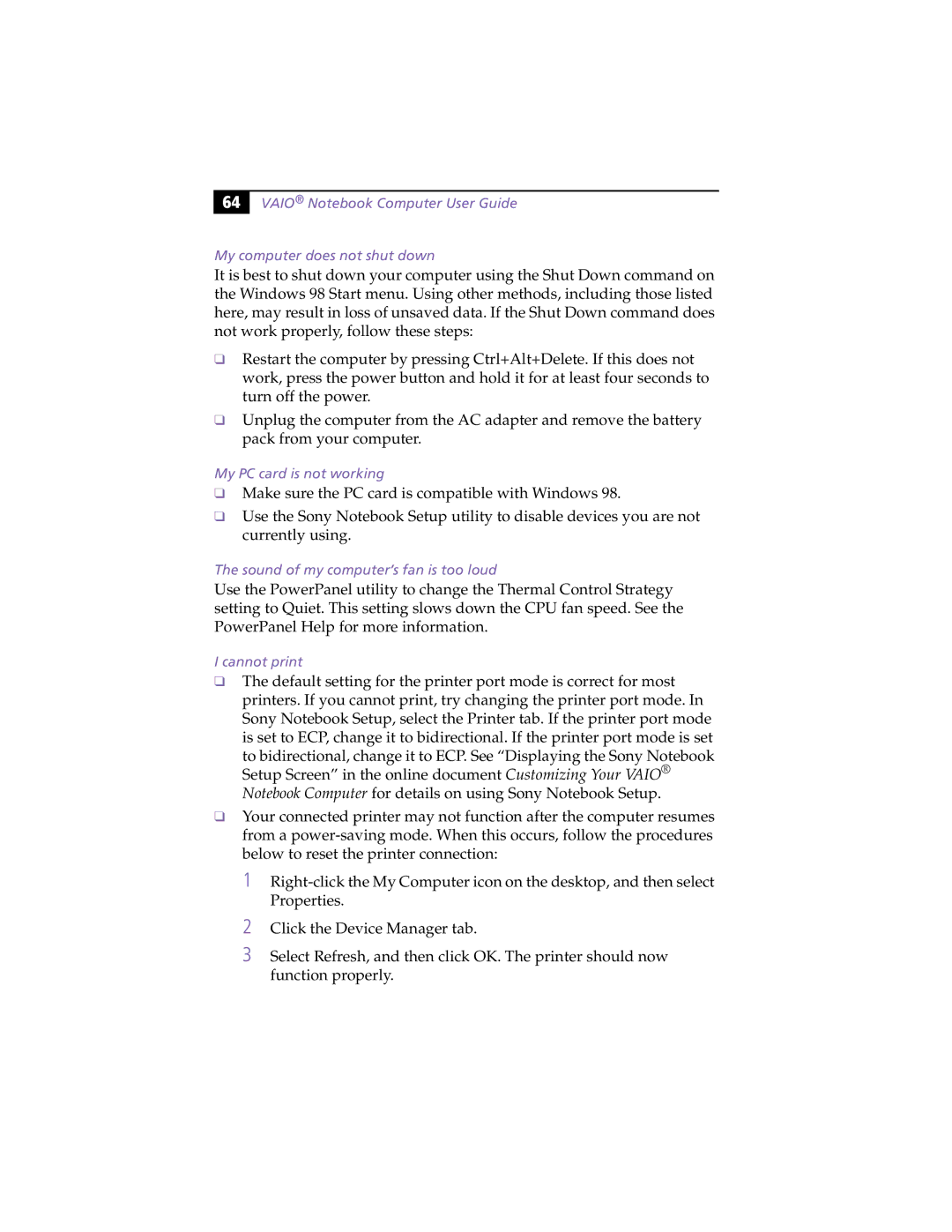 Sony PCG-F370, PCG-F390 manual My PC card is not working, Sound of my computer’s fan is too loud, Cannot print 