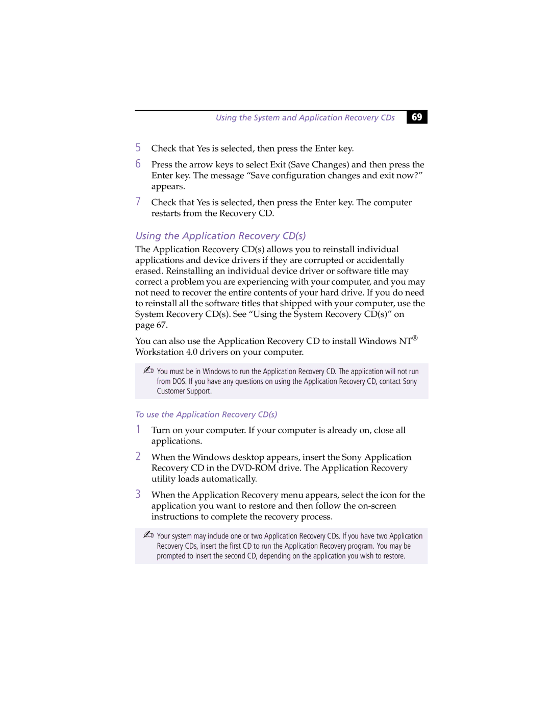 Sony PCG-F390, PCG-F370 manual Using the Application Recovery CDs, To use the Application Recovery CDs 