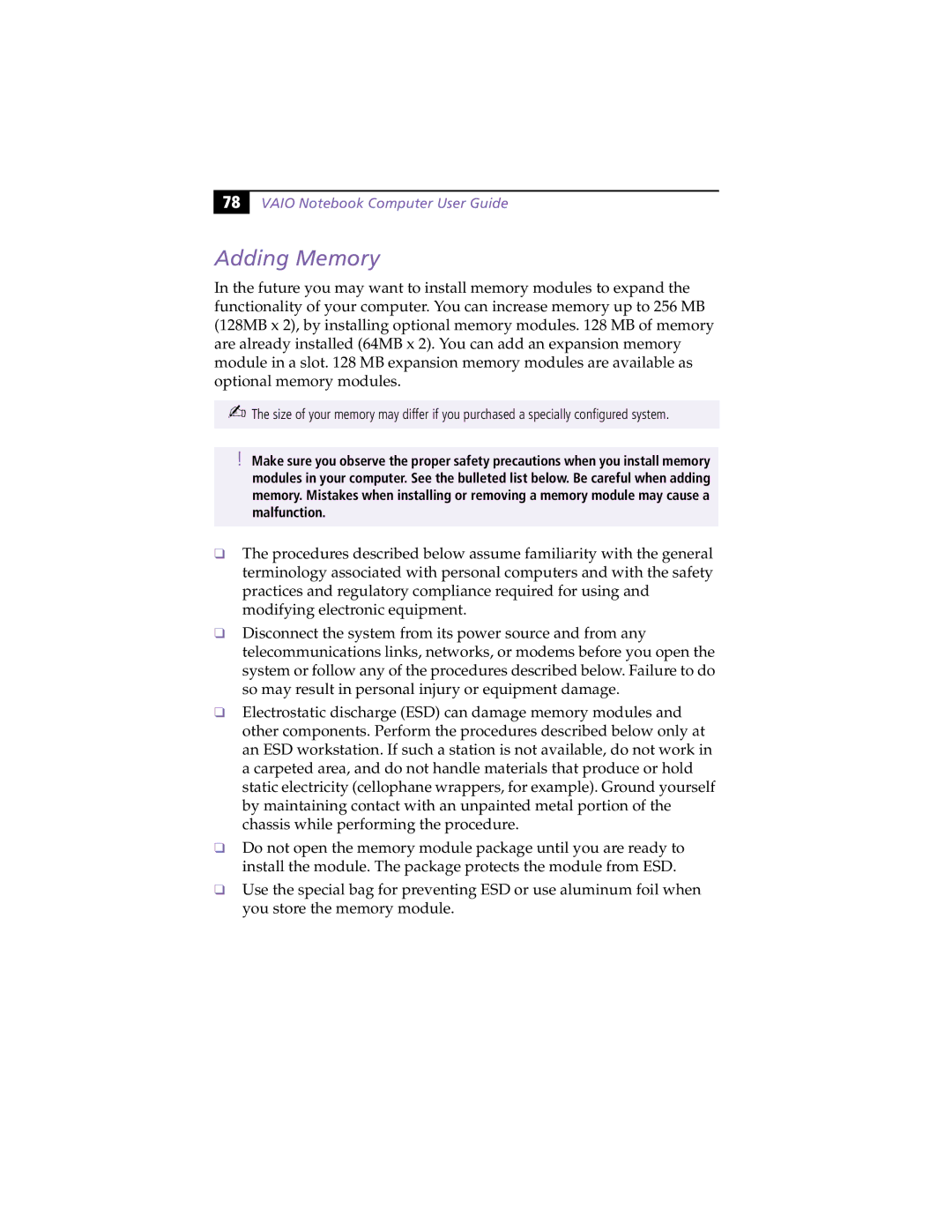 Sony PCG-F370, PCG-F390 manual Adding Memory 