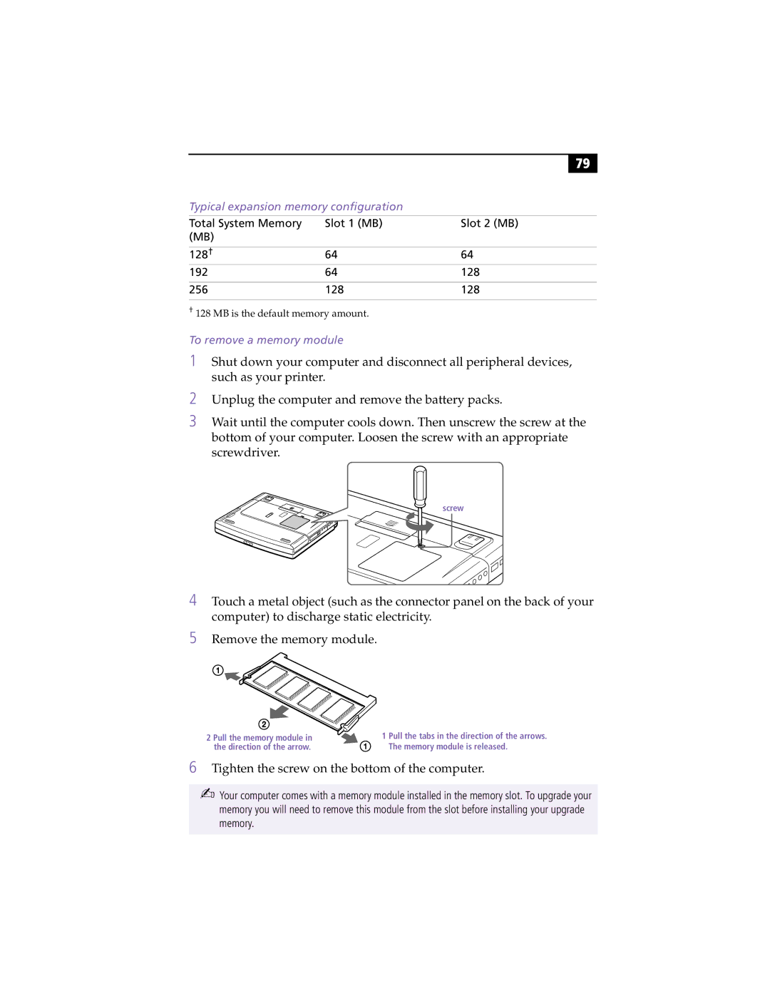 Sony PCG-F390, PCG-F370 manual Typical expansion memory configuration, To remove a memory module 