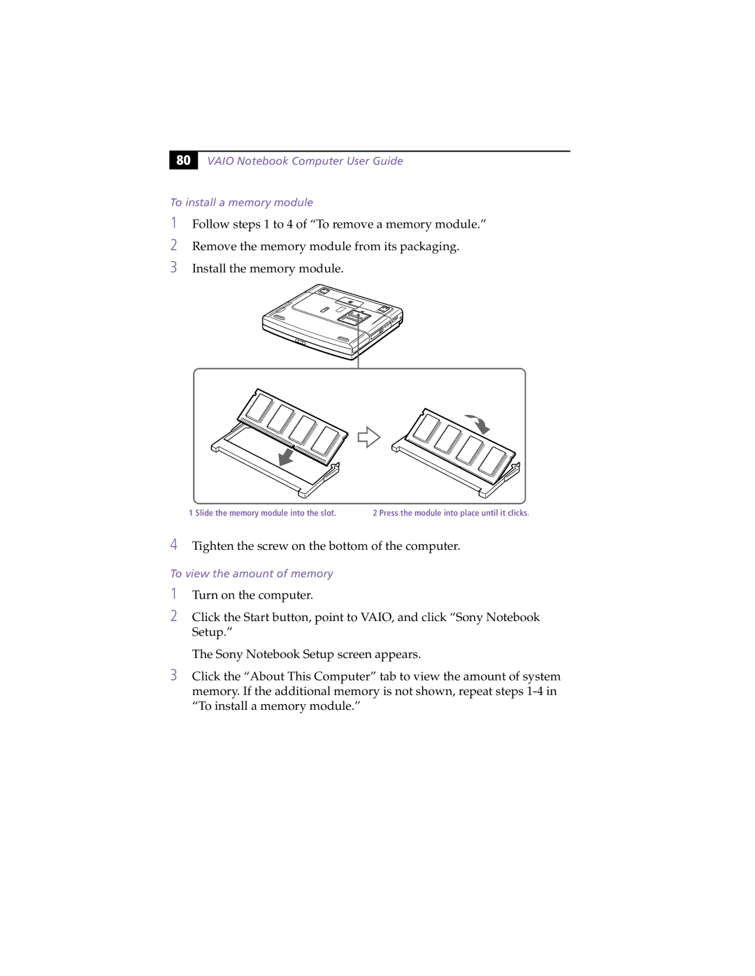 Sony PCG-F370, PCG-F390 manual Vaio Notebook Computer User Guide To install a memory module, To view the amount of memory 