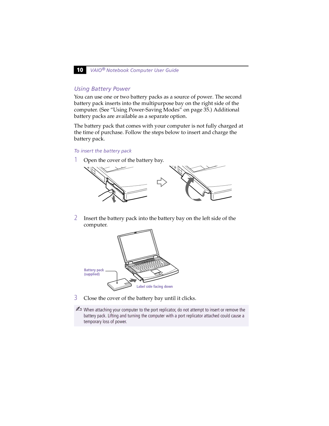 Sony PCG-F430, PCG-F450 manual Using Battery Power, To insert the battery pack 