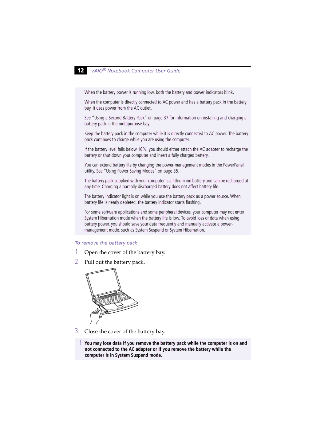 Sony PCG-F430, PCG-F450 manual To remove the battery pack 