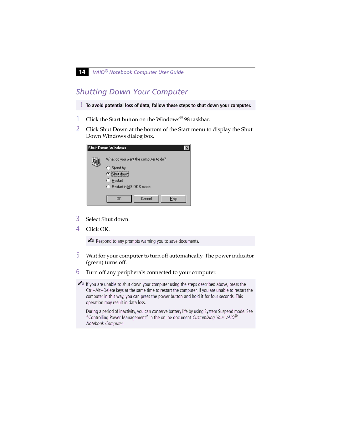 Sony PCG-F430, PCG-F450 manual Shutting Down Your Computer 