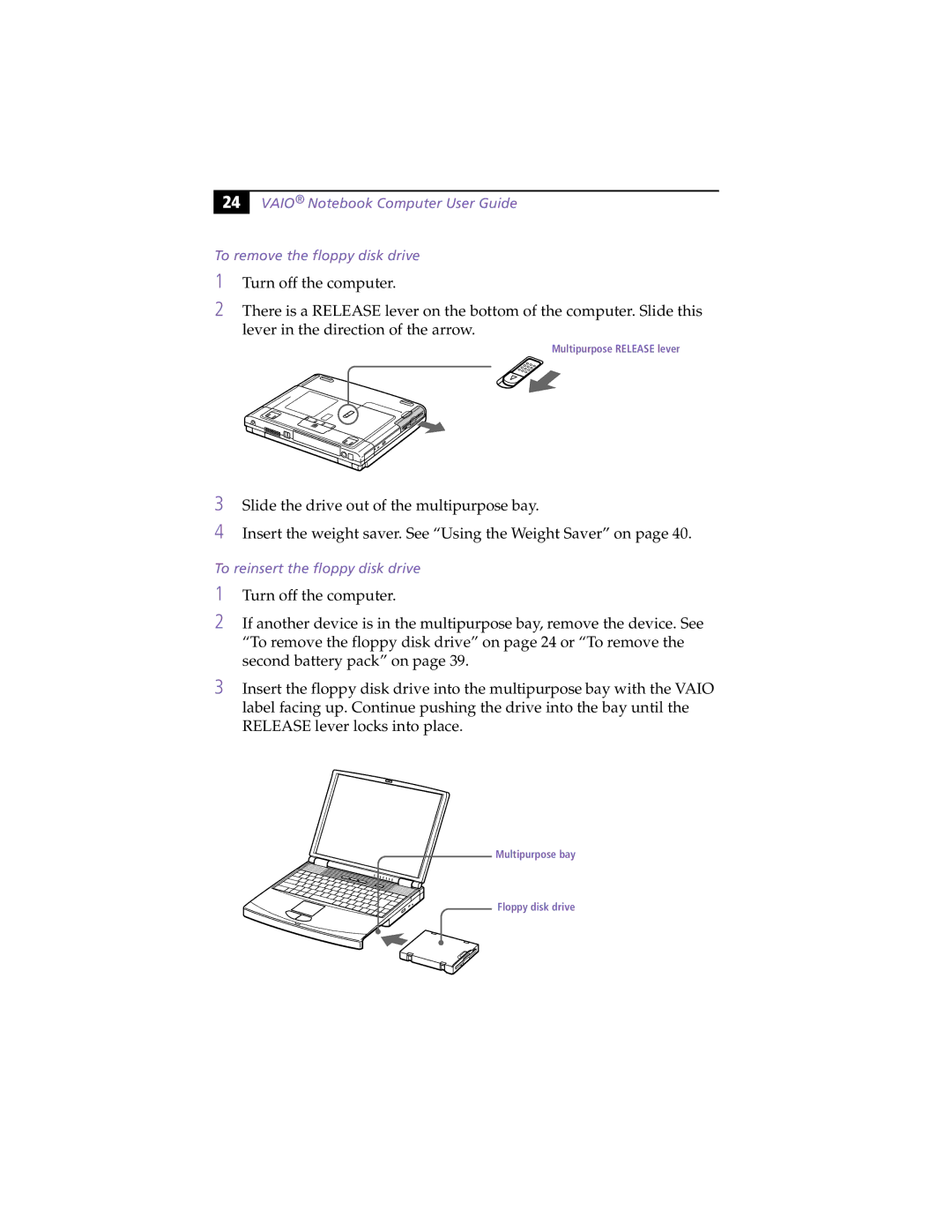 Sony PCG-F430, PCG-F450 manual To reinsert the floppy disk drive 