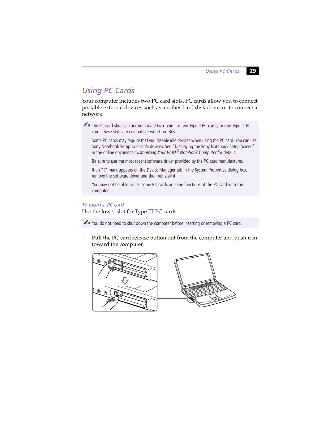 Sony PCG-F450, PCG-F430 manual Using PC Cards, To insert a PC card 